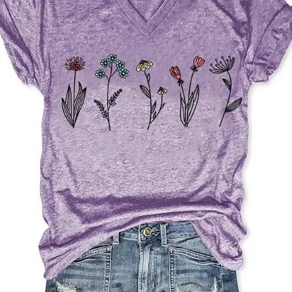 Floral Print Purple V-Neck Women's Top - Boutique